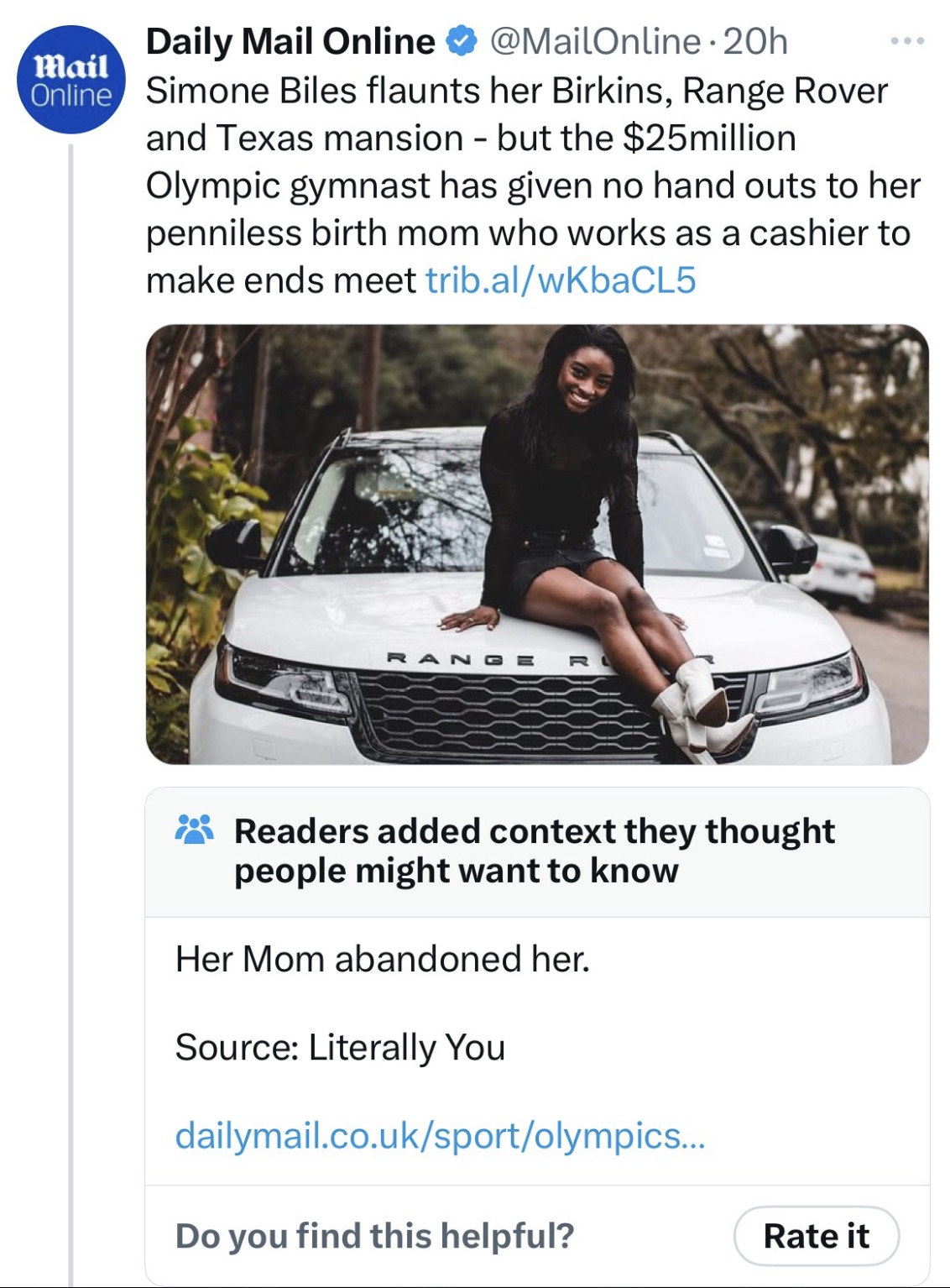 Mail Daily Mail Online 20h Online Simone Biles flaunts her Birkins, Range Rover and Texas mansion but the $25 million Olympic gymnast has given no hand outs to her penniless birth mom who works as a cashier to make ends meet trib.alwkbaCL5 Range R Readers